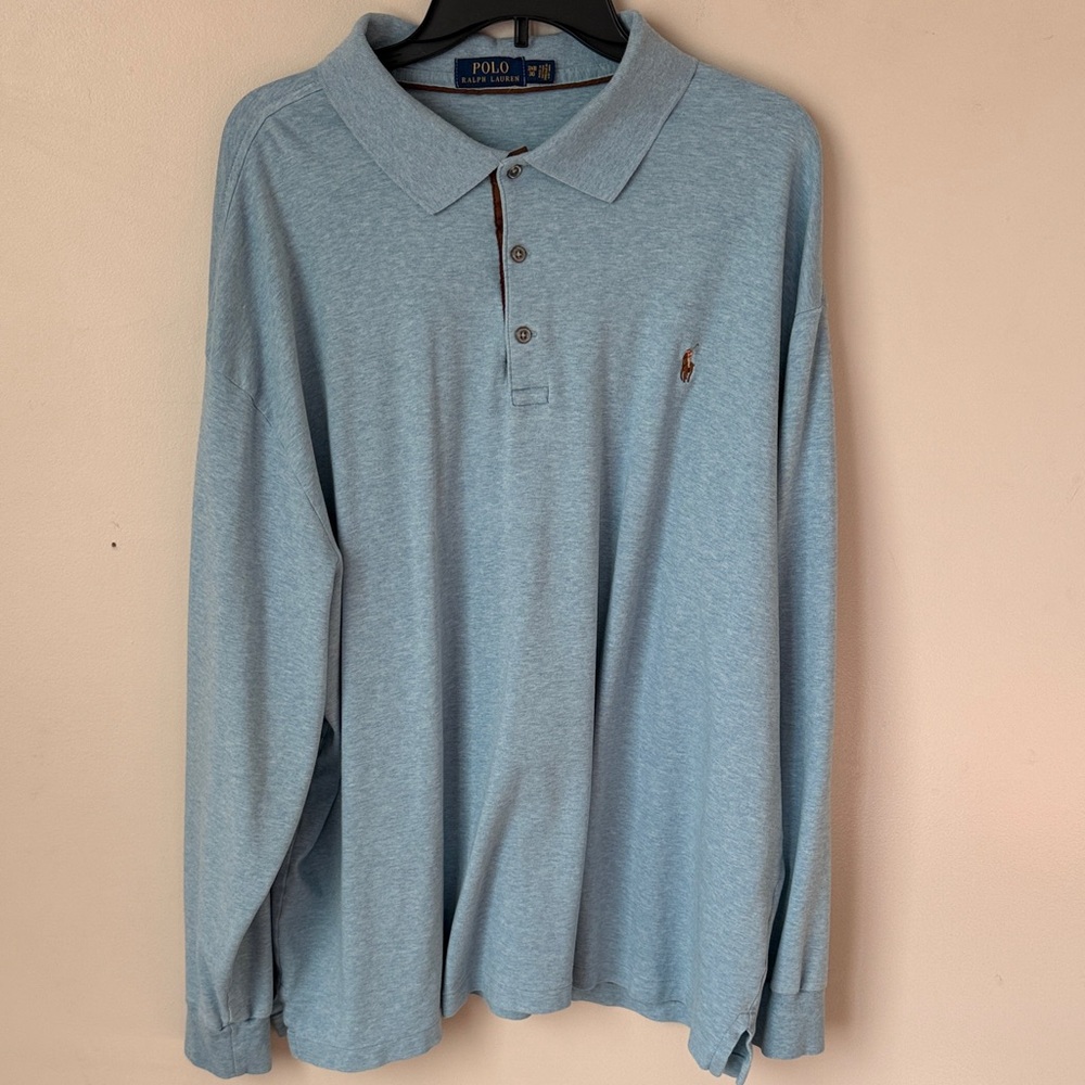 Polo Ralph Lauren Men's Long Sleeve Polo Heathered Blue Pony Sz 3XB 100% Cotton‎